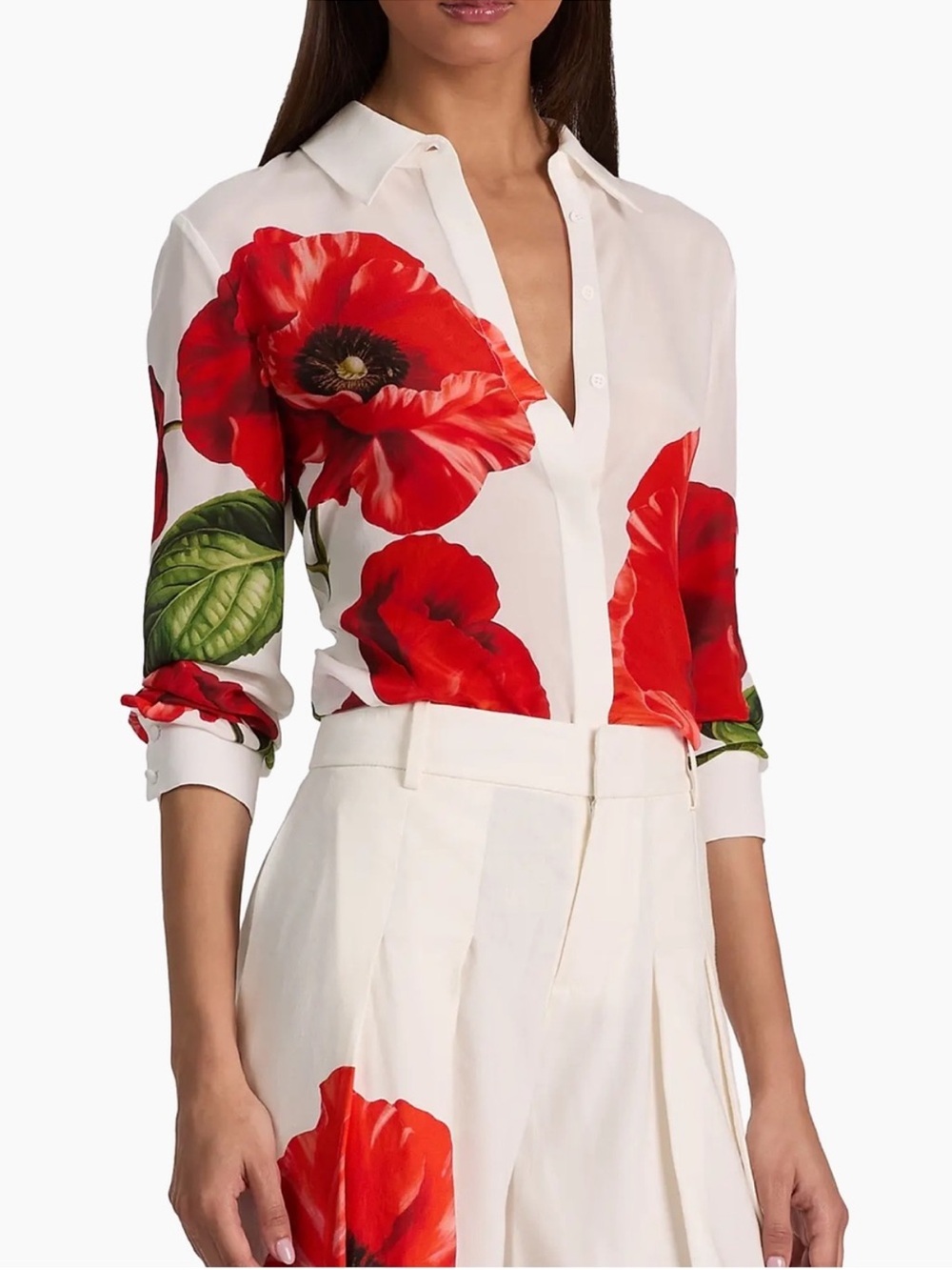 Alice and Olivia Willa Floral Silk Shirt Summer Poppy - Picture 4 of 10